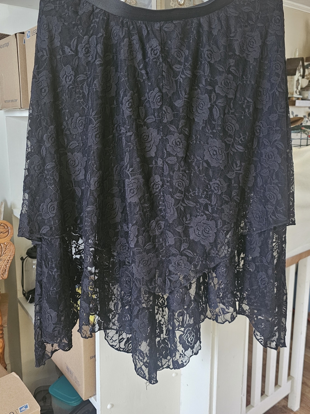 Asymmetrical Lace Layered Skirt - BLACK ROSES Elastic Band